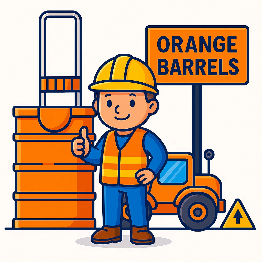 Add a friendly cartoon construction worker standing next to the orange road construction barrel and the 'Orange Barrels' sign. The worker should wear a yellow hard hat and a safety vest, matching the playful, bright cartoon scene. emoji