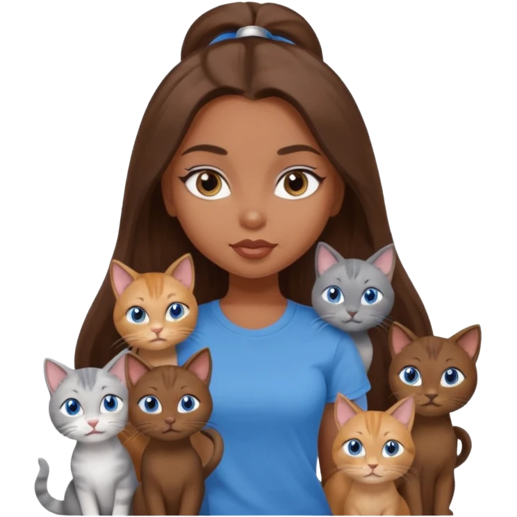 a pretty bratz dusky girl with long brown hair, blue eyes with six cats nd wearing a grey tshirt emoji