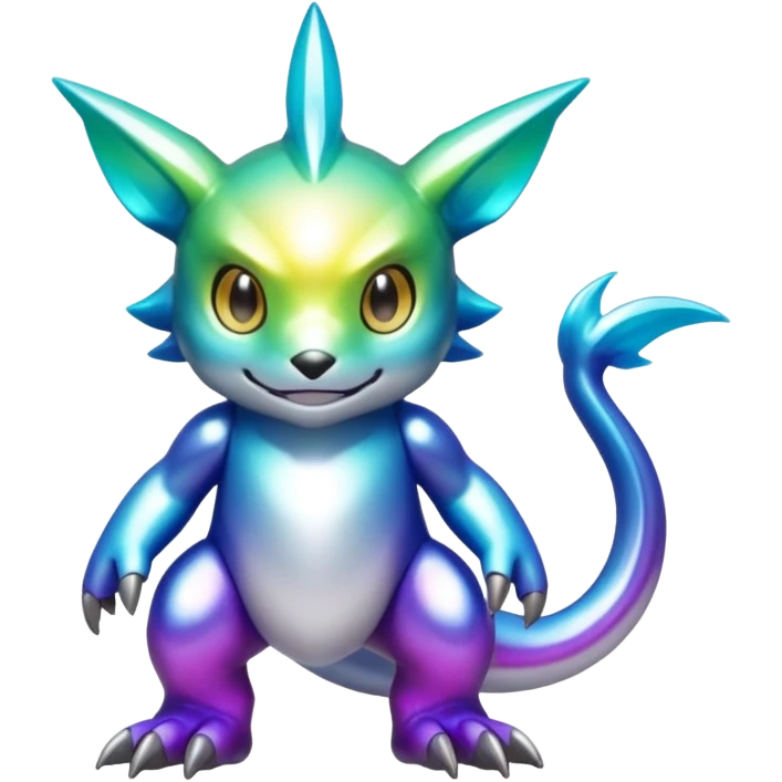 white iridescent colorful metallic alloy gradient shiny glossy Fakémon-Digimon-creature-hybrid (full body) emoji