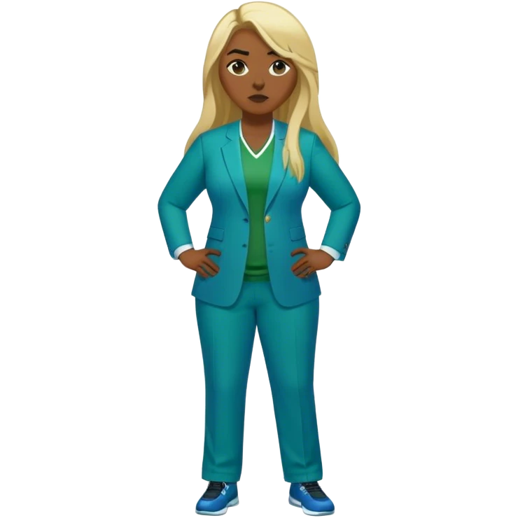 Full Body white plus size female basketball head coach with long blonde hair in a blue and green suit emoji