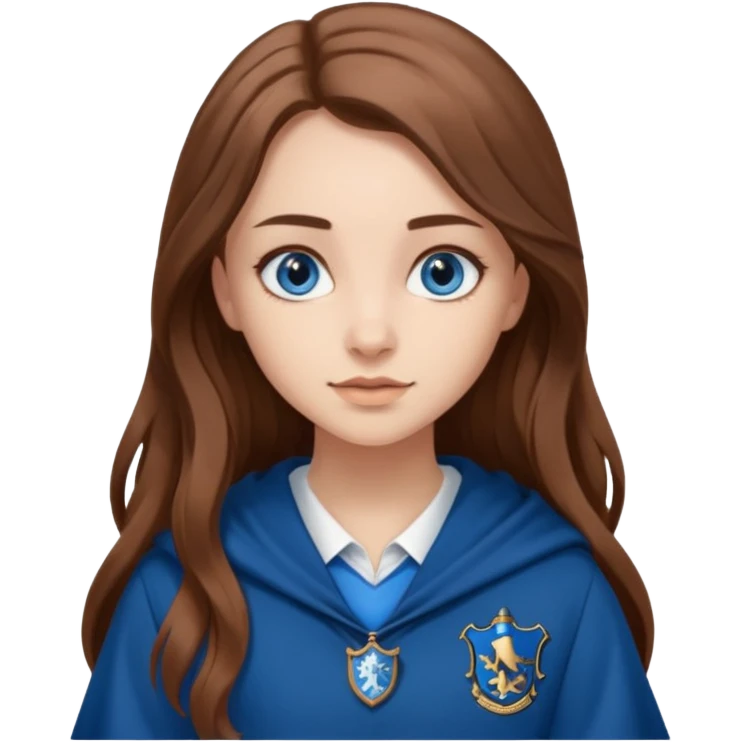 gorgeous Girl with light skin, blue eyes, long brown hair, wears a ravenclaw outfit emoji