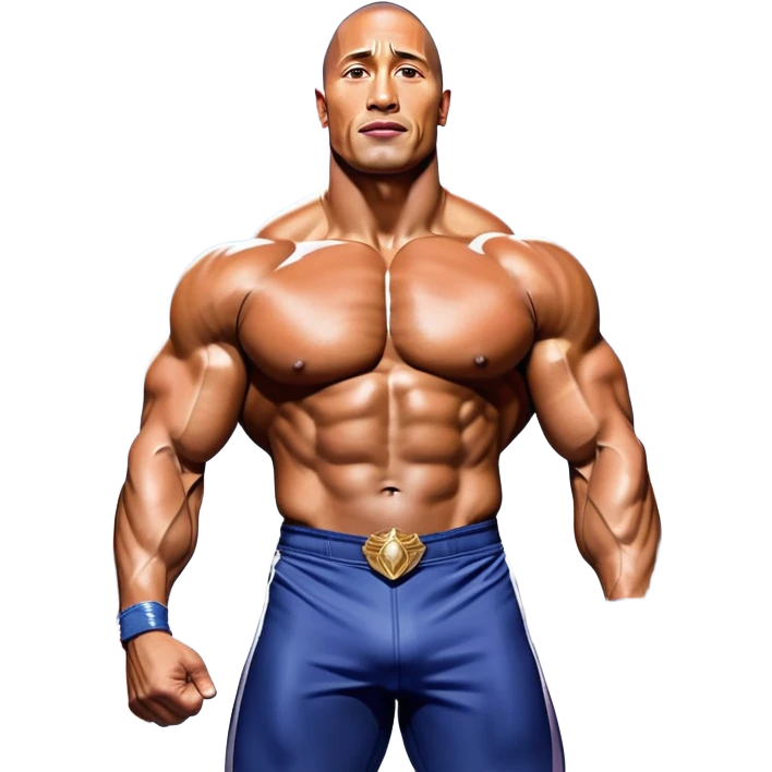 Dwayne 'The Rock' Johnson on stage at the Mr. Universe bodybuilding competition, covered in oil, flexing his powerful muscles. His physique shines under bright stage lights, showcasing his strength and dedication. The audience and judges are blurred in the background. Transparent background. emoji