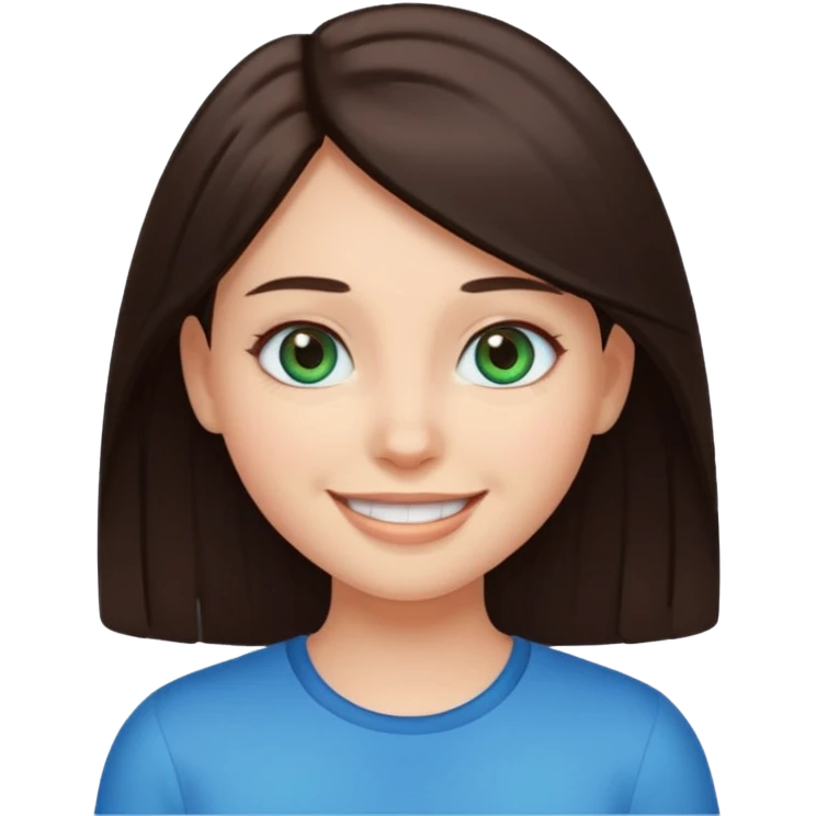 Create a girl with dark brown straight hair and bluey green eyes, cartoon emoji emoji