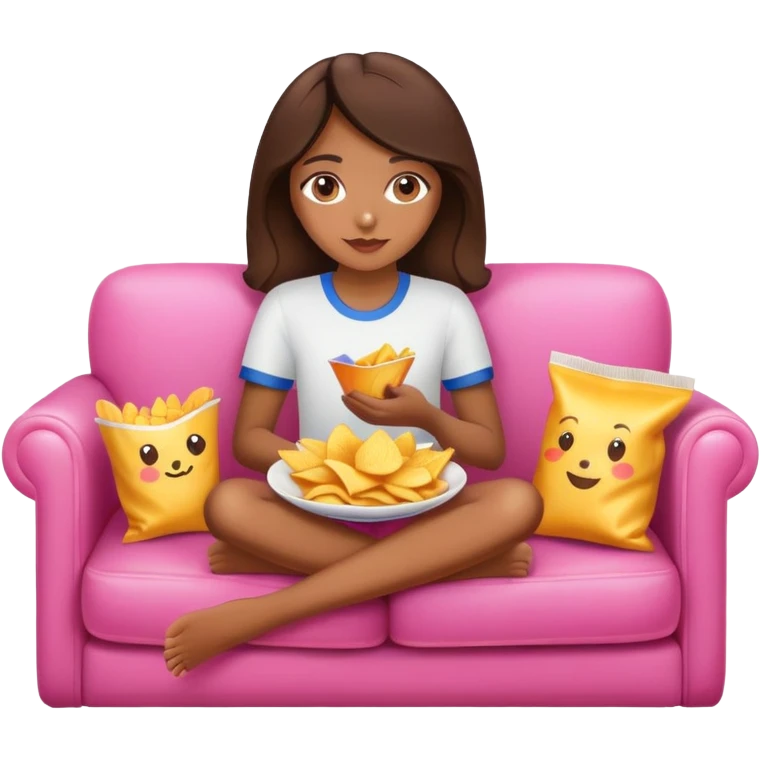 home brown girl with plate of chips, sitting at the pink sofa emoji