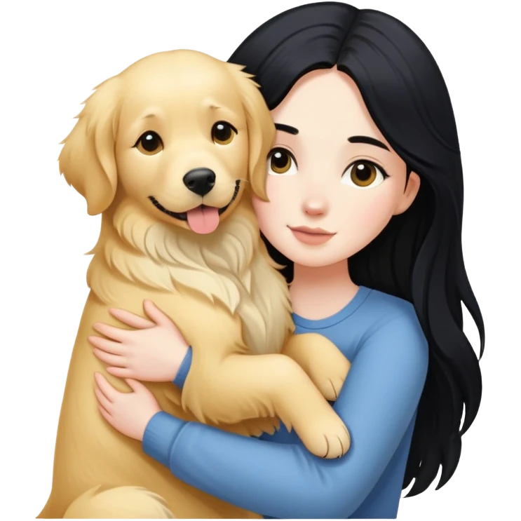 A white girl with long black  hair tightly hugged a Golden Retriever emoji