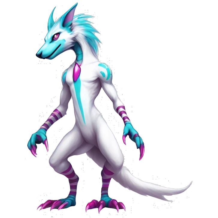 White elegant beautiful natural cute badass epic anthro modern albino sergal-vernid-Fakémon with cyan mane and magenta eyes with cyan edgy stripes, anthropomorphic, two-legged, digitigrade, full body emoji
