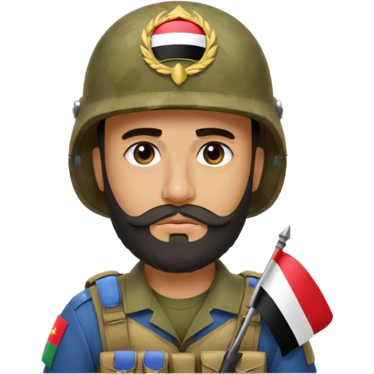A tired and sad, swarthy Iraqi soldier with a beard, an Iraqi flag on his helmet, a sad expression and bags under his eyes emoji