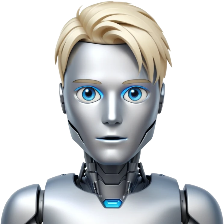Male humanoid robot with messy straight blond hair, metallic face, digital eyes, sharp jawline, futuristic emoji