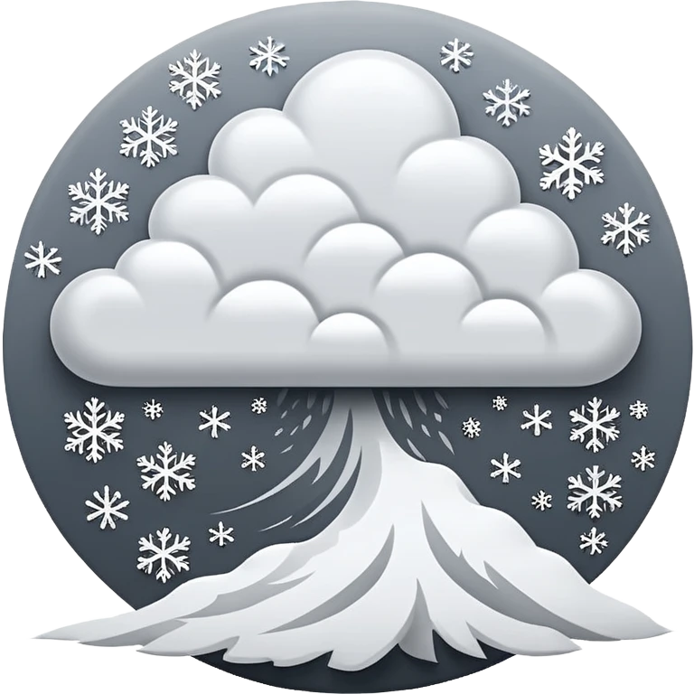 A powerful blizzard  storm cloud with heavy swirling snow, strong wind lines, flying snowflakes, dynamic motion. White and gray tones, bold but simple shapes. emoji