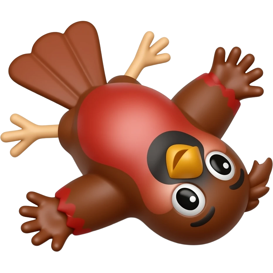 Brown and red color 3D Render iPhone emoji png of a songbird lying sprawled pinned upwards emoji