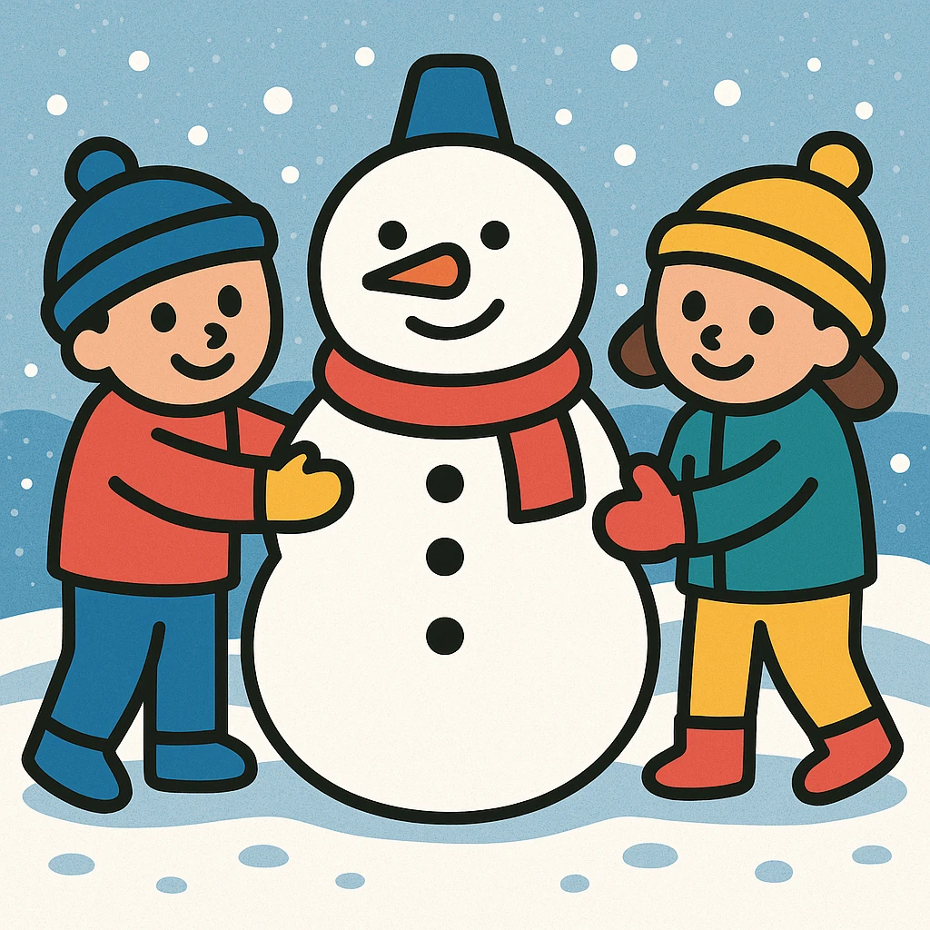 Add a snowy background behind the kids building a snowman, keep the original color outline icon style emoji