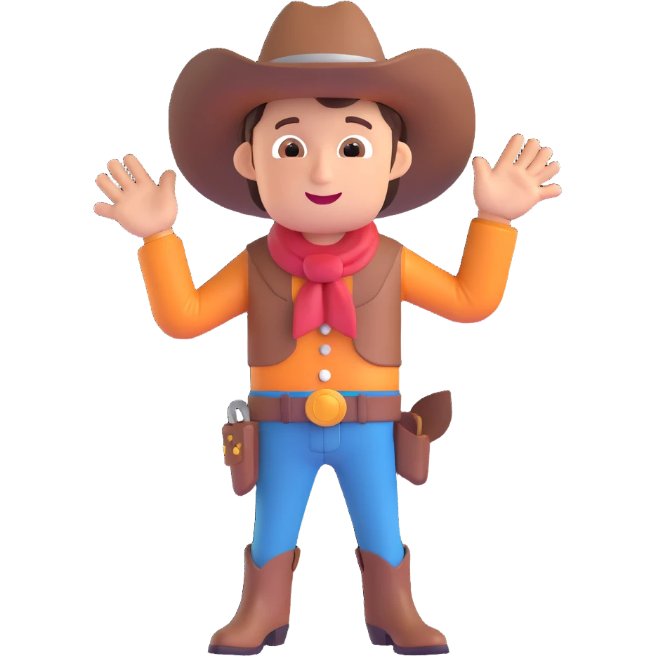 playful cowboy with round features, 3D emoji style emoji
