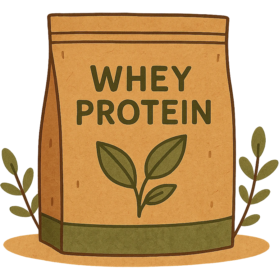 whey protein pouch, eco-friendly look, kraft paper texture, green accents, leaf icon, natural feel emoji