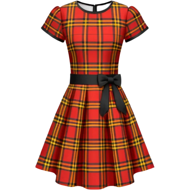 No human figures, Women's MacQueen' Tartan Mini Dress in Red/Black/Yellow, crew neck, cap sleeves and a handkerchief hem. Isolated rendering emoji
