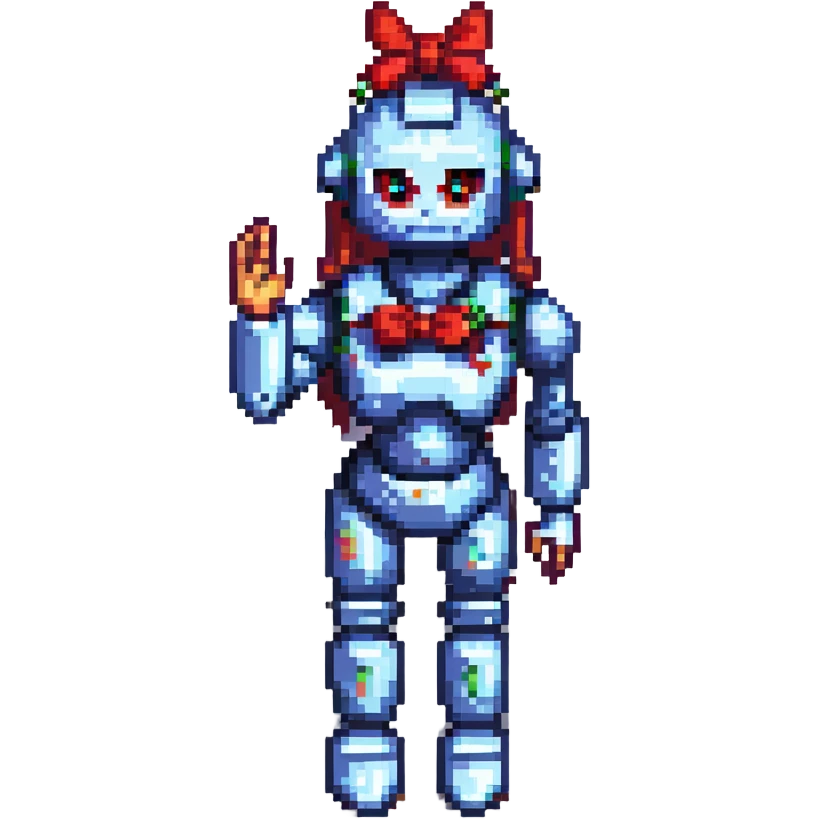 shoulders-up portrait of a cute female recruiter robot, 8-bit pixel art style, metallic, talking, one hand in the air, with a bow accessory emoji