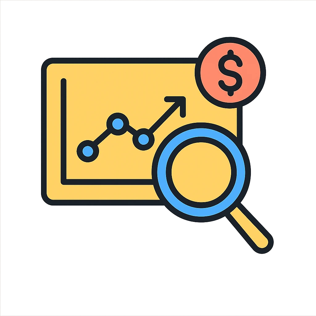 icon representing analytics for sales, magnifying glass over sales chart, clean modern icon style emoji