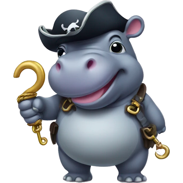 cute hippo with hook in hand like pirate emoji