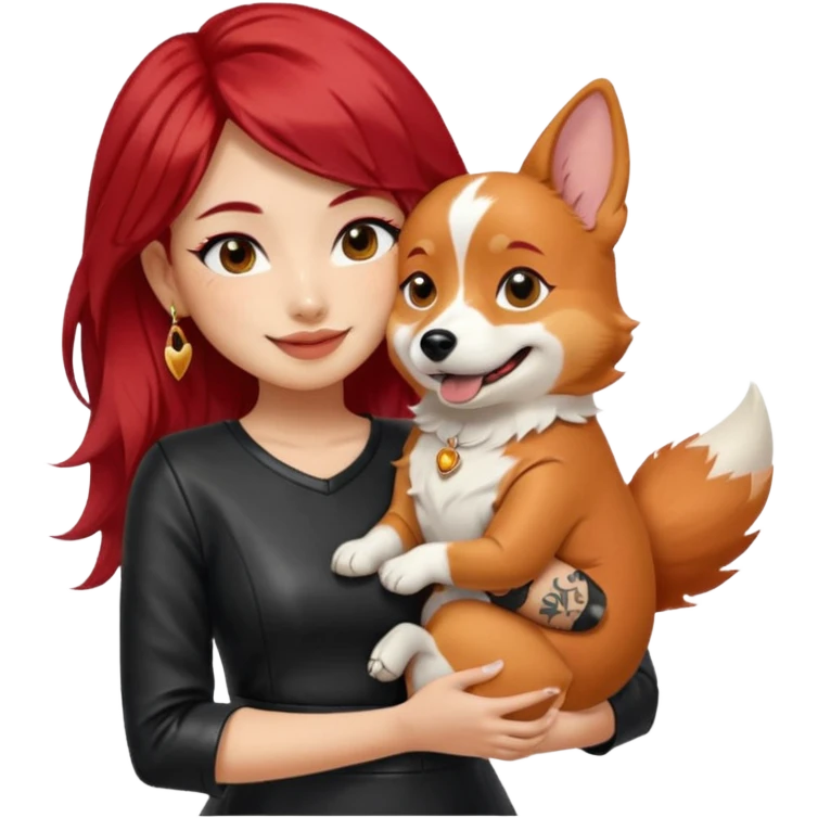 apple-style emoji of an Asian girl with long hair and wispy deep side bangs, wearing a black leather dress, gold earrings, false lashes, and a 3/4 sleeve tattoo on her left arm, hugging a happy red head tri-color corgi, simplified, clear, emoji-like emoji