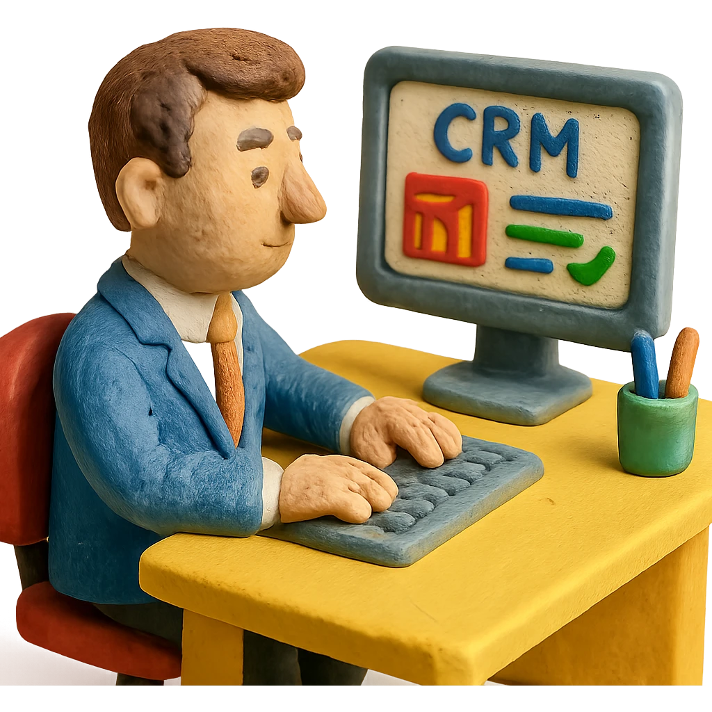 claymation style office worker with brown hair, working on CRM at desk emoji