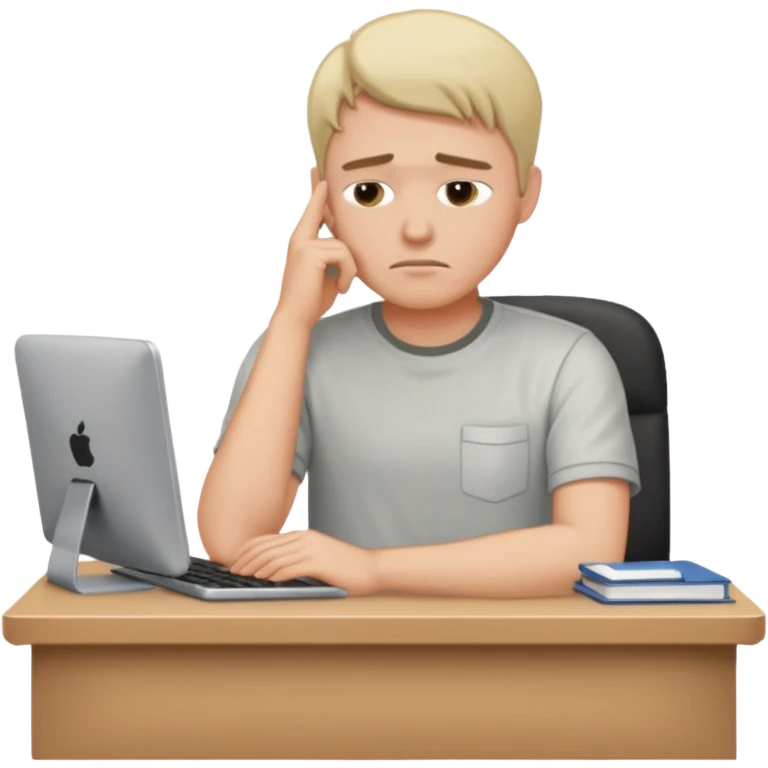 A man wearing a shirt with slumped posture, sitting at a desk, iOS emoji style emoji