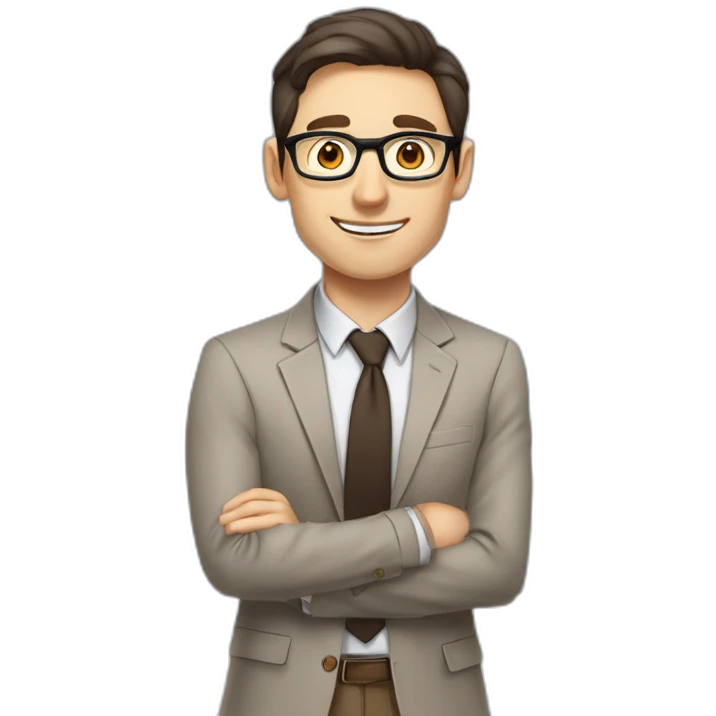 Pale skinned fit man with dark brown hair in gray jacket, beige office shirt, brown tie, brown pants and vintage glasses Writing on the flipchart emoji