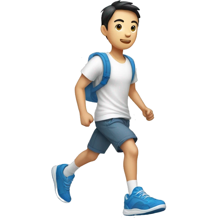 teen men asian with short pants, white shirt sarcasm imprint, colorful teel blue running shoe emoji
