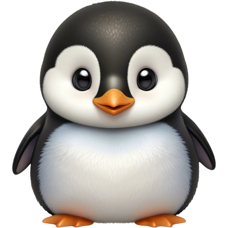 Cinematic Cute Baby Penguin Portrait Emoji, Head tilted playfully and inquisitively, with irresistibly fluffy plumage accented by a tiny beak and round, sparkling eyes filled with wonder, Simplified yet irresistibly adorable features, highly detailed, glowing with a warm, friendly polar glow, high shine, affectionate and lively, stylized with a touch of whimsical charm, bright and endearing, soft glowing outline, capturing the essence of a mischievous yet loving penguin that feels like it could slide out of the screen into your arms! emoji