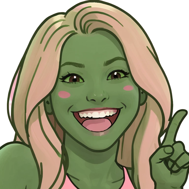 blonde girl with long hair brown eyes wearing pink laughing and pointing emoji