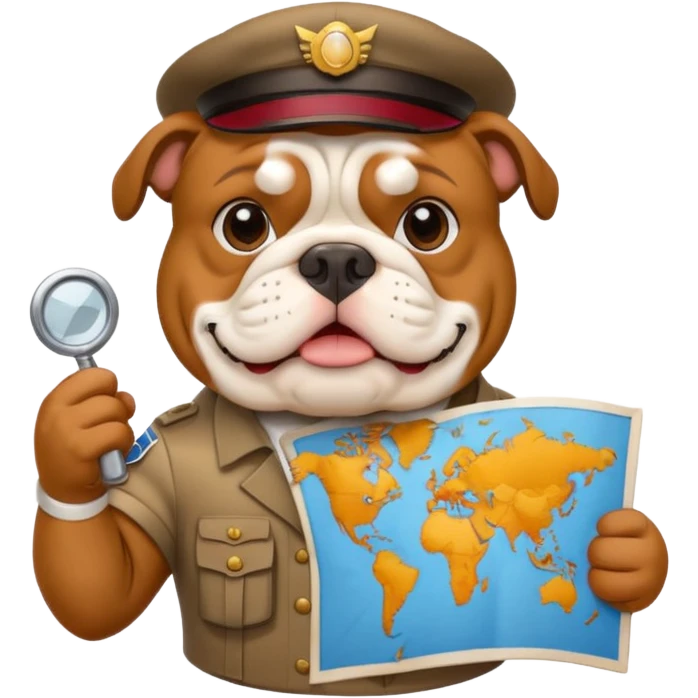 English bulldog with a tour guide badge and map emoji