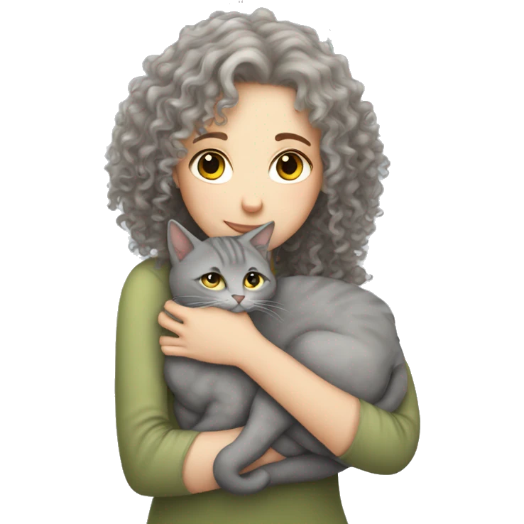 White Girl curly hair cuddling with grey cat emoji
