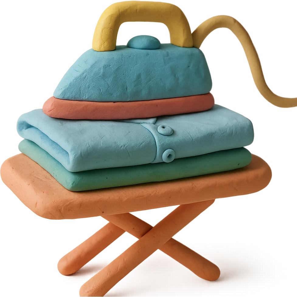 iron on ironing board with a neatly folded shirt, playful arrangement, pastel palette, claymation style emoji