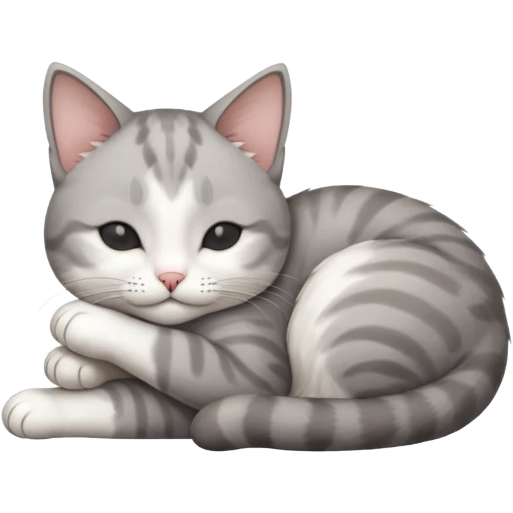 grey and white small cat with its eyes closed lying down leaning on his elbow with his paw curled under his head holding it up emoji