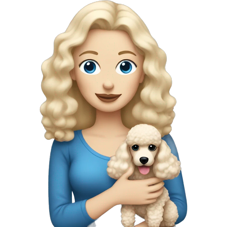  mom with straight blonde hair and blue eyes is holding a cream poodle  emoji