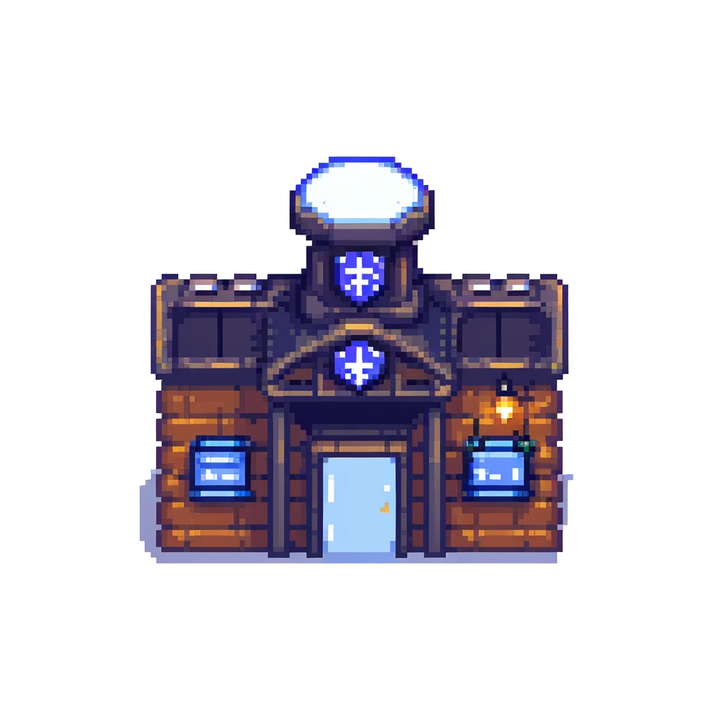pixel art city police station with flashing lights and police sign emoji
