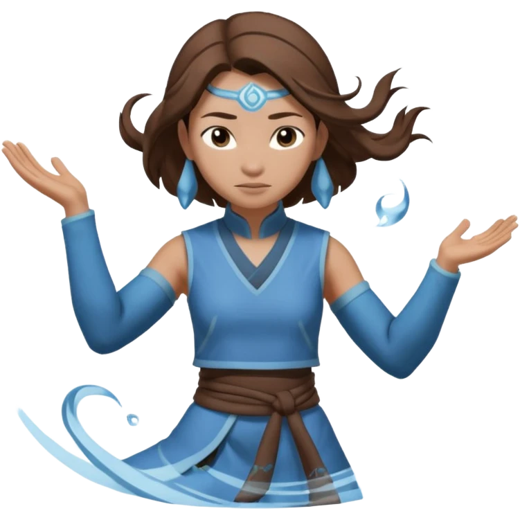 Katara from Avatar: The Last Airbender as an emoji, blue Water Tribe outfit, brown hair, waterbending pose, expressive face emoji