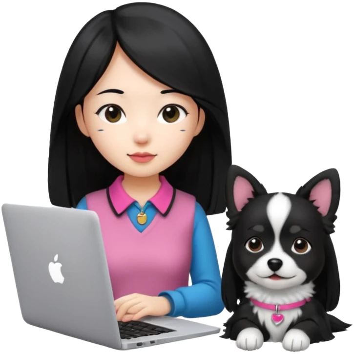 Asian girl with long black hair working on an Apple laptop, next to her is a small black and white dog with pink collar on  emoji