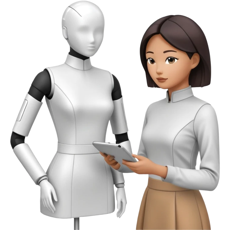 asian female clothing designer, designing futuristic clothing on a faceless mannequin emoji