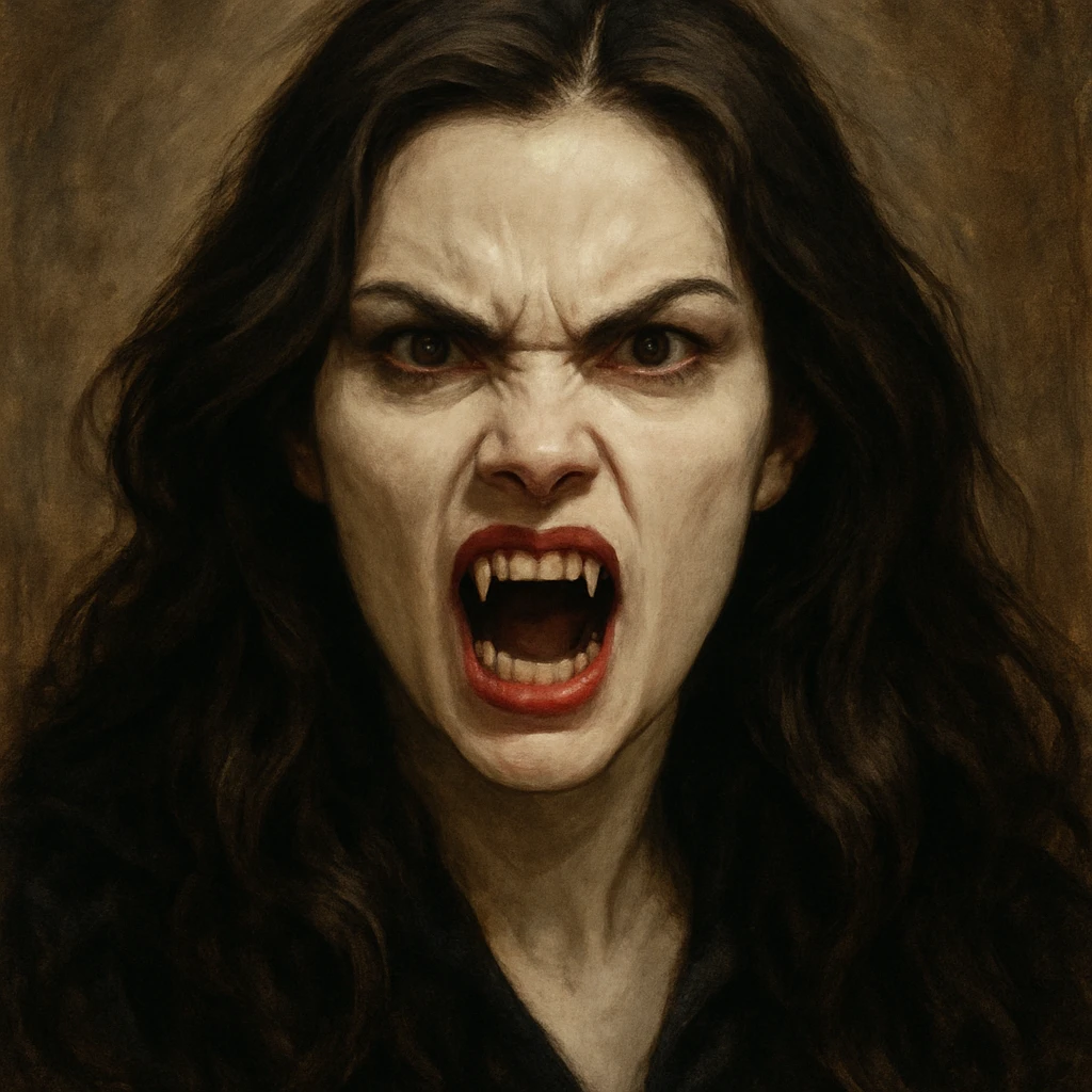 vampire woman with white skin, brunette, long hair, angry face, fangs out, detailed expressive style emoji