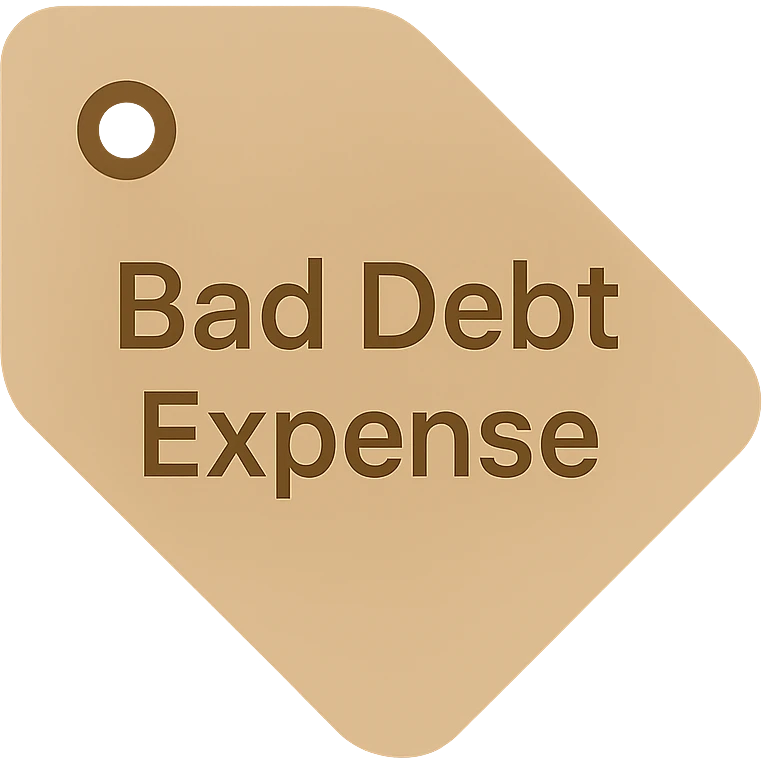 brown price tag icon with the text 'bad debt expense' emoji