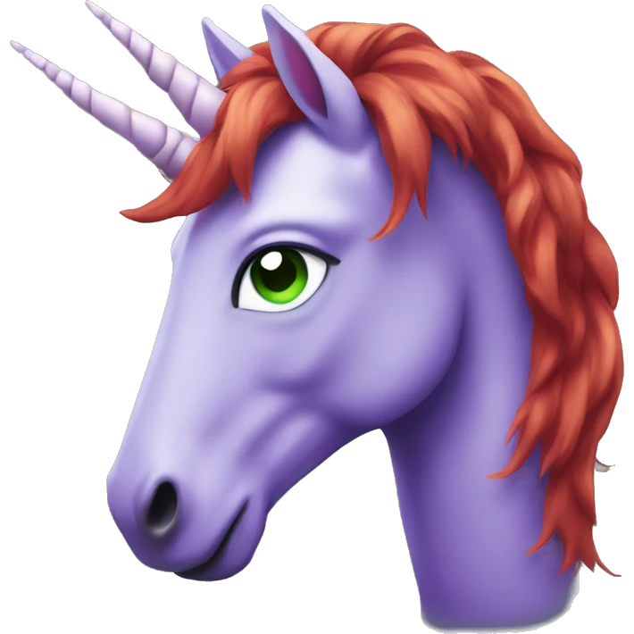 Purple unicorn with green eyes and red hair emoji