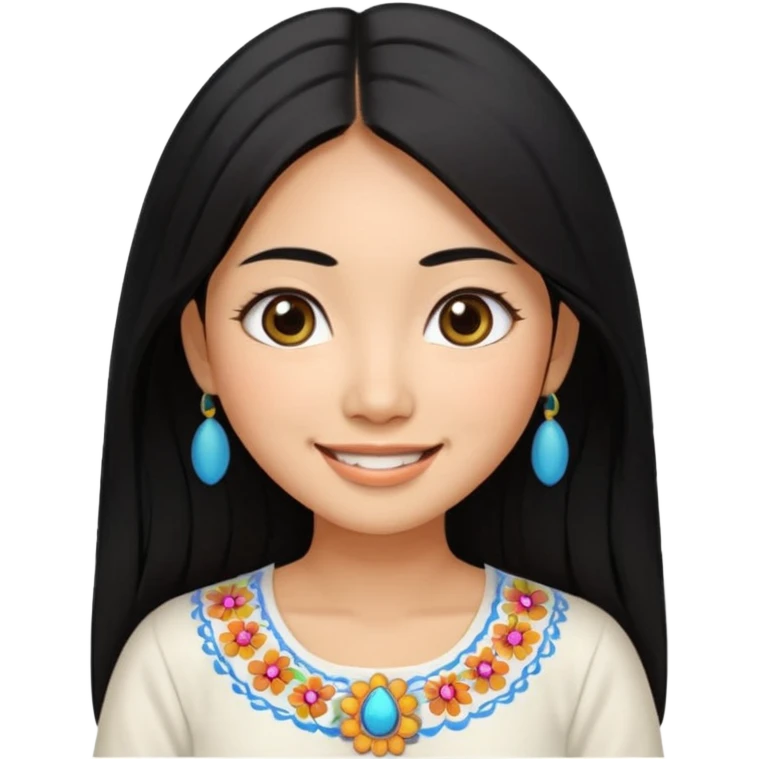 30 yr old asian woman center parted hair big eyes big smile tanned skin straight black hair hippie part hair white blouse emoji