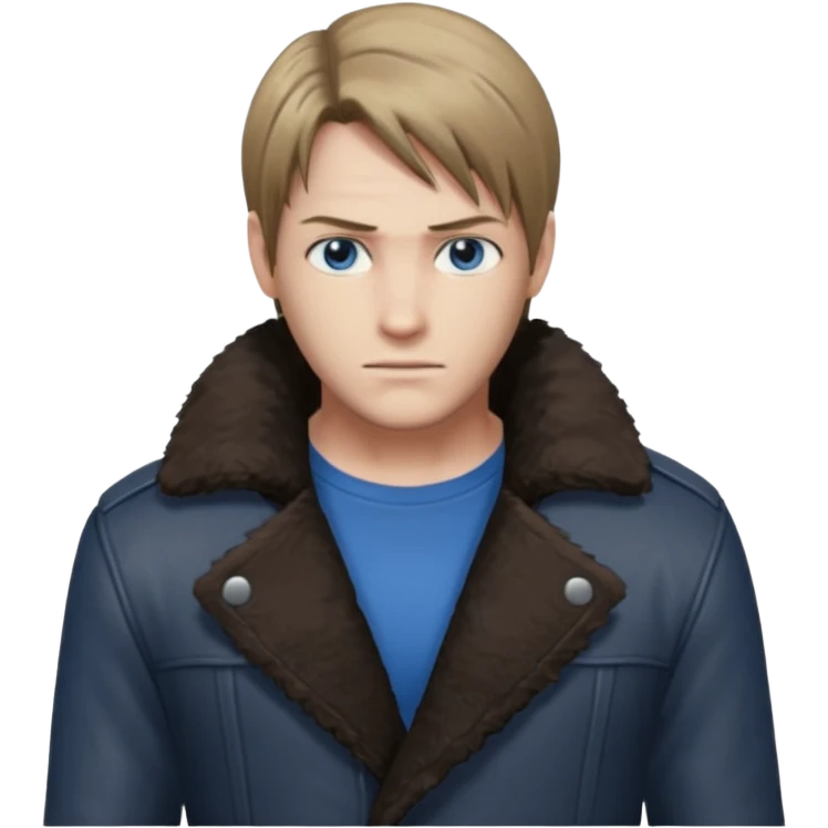 Leon Kennedy from resident evil 4 remake in sheepskin coat and black t-shirt blue eyes clean-shaved emoji