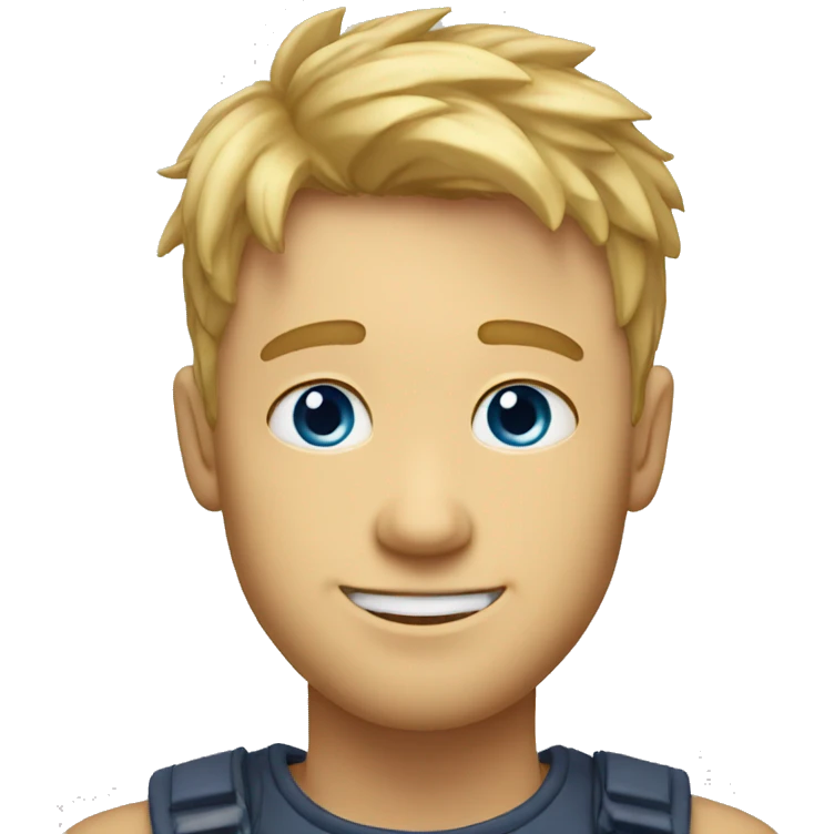A TOK emoji of a blonde man with messy bangs and short hair on the sides, smiling and without glasses, with blue eyes, without a mustache emoji