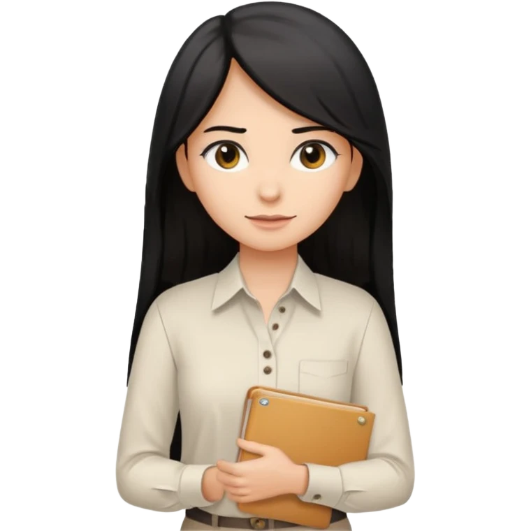 a light tan woman with long black hair past mid-back, round brown eyes, white button up v shirt, and manila folder in her hands. emoji