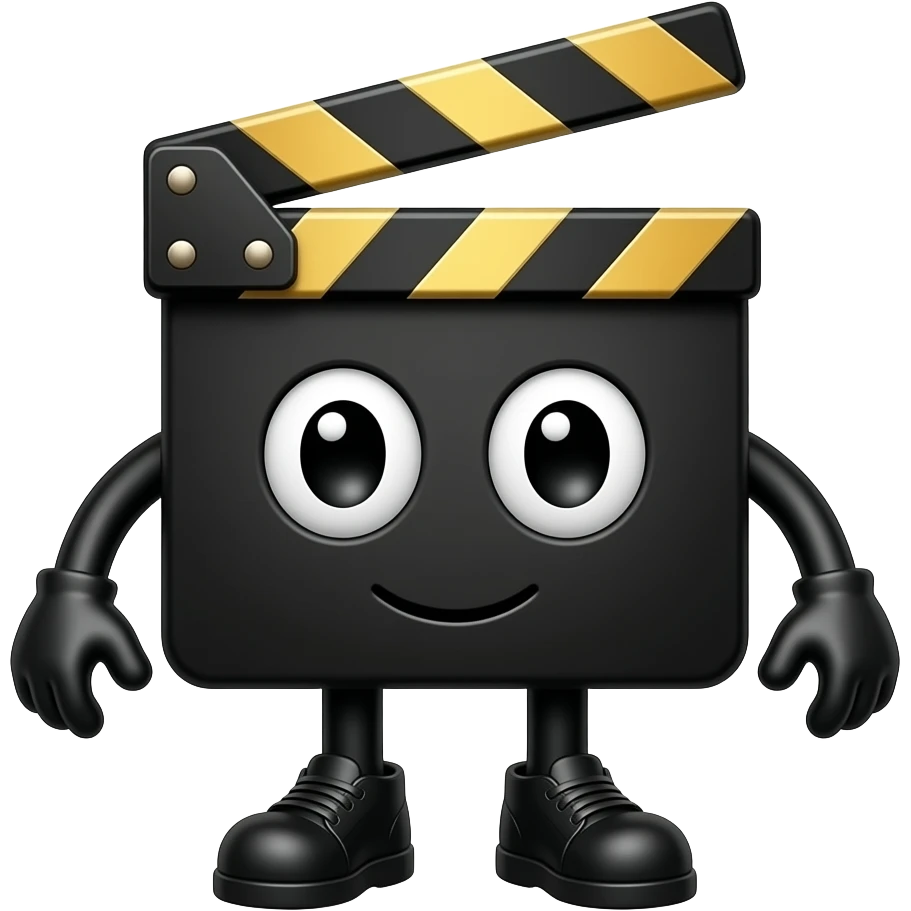 modern film strip mascot, clean vector style, minimal design, black and gold color palette, simple background, cinematic brand character, logo style, high resolution emoji