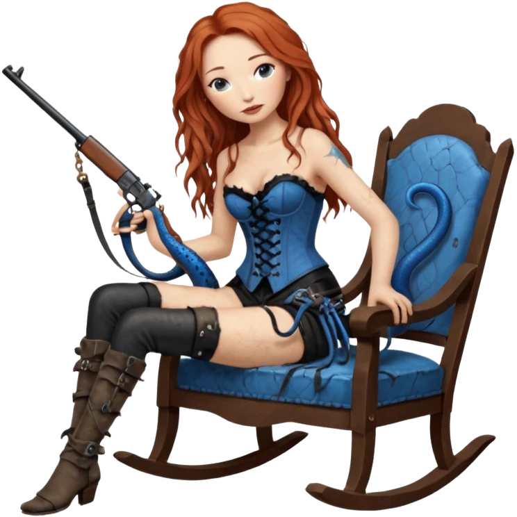 realistic cinematic Tori Amos sits on a rocking chair in a torn corset, holding an antique rifle and her bare feet are muddy. A blue snake is wrapped around the chair. emoji