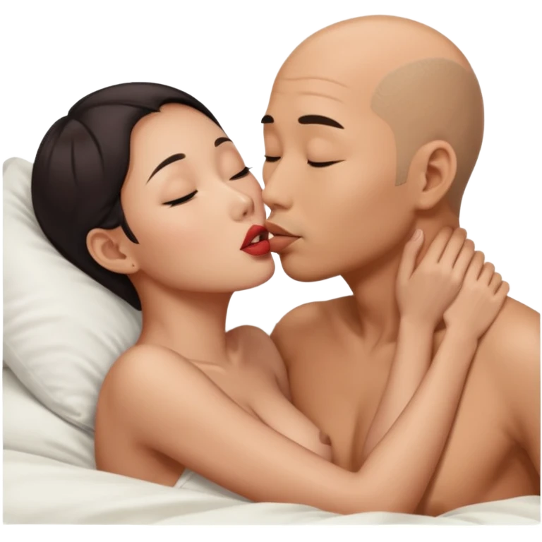slightly balding asian man and asian woman naked in bed kissing passionately with lips emoji