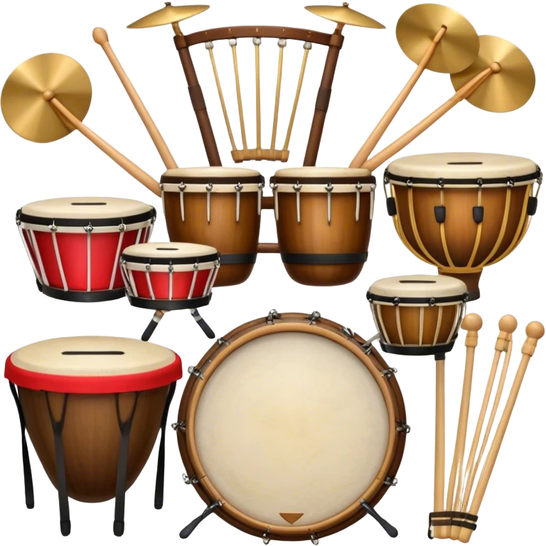 Create a professional, emblem-like emoji representing percussion instruments, including both traditional and folk drums. Feature a snare drum, bass drum, timpani, cymbals, marimba, tambourine, djembe, bongos, cajón, triangle, castanets, and ratchets in a balanced, heraldic composition. Crossed drumsticks at the center symbolize rhythm, while a ribbon of musical notes weaves around the instruments. Use rich gold, mahogany, and silver tones with polished highlights. Add laurel wreaths and subtle engravings for a grand, festive feel. The design should be harmonious, visually complete, and on a transparent background. emoji