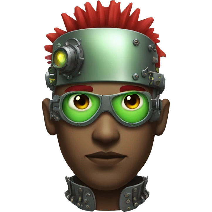 Male cyborg with thin red Mohawk and green steampunk goggles emoji