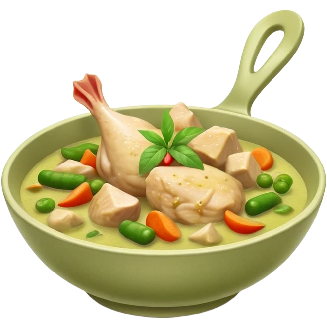 Green Chicken Curry Cinematic Realistic Green Chicken Curry Dish Emoji, depicted as tender chicken chunks simmered in a fragrant green curry sauce with vegetables, rendered with vivid textures and dynamic, vibrant lighting. emoji